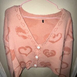 SHEIN Pink Heart Pattern Cardigan